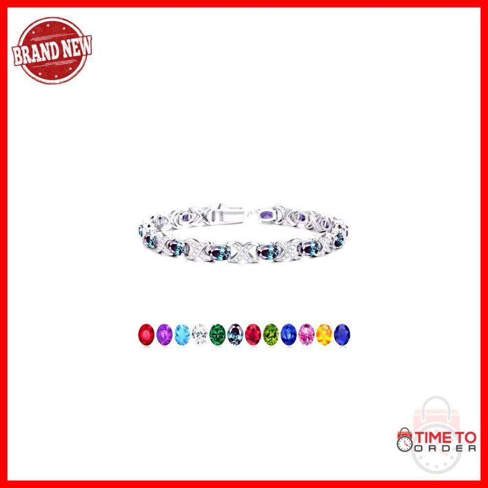 Sterling Silver Tennis Bracelet with Birthstones, 6.5 Inch Length